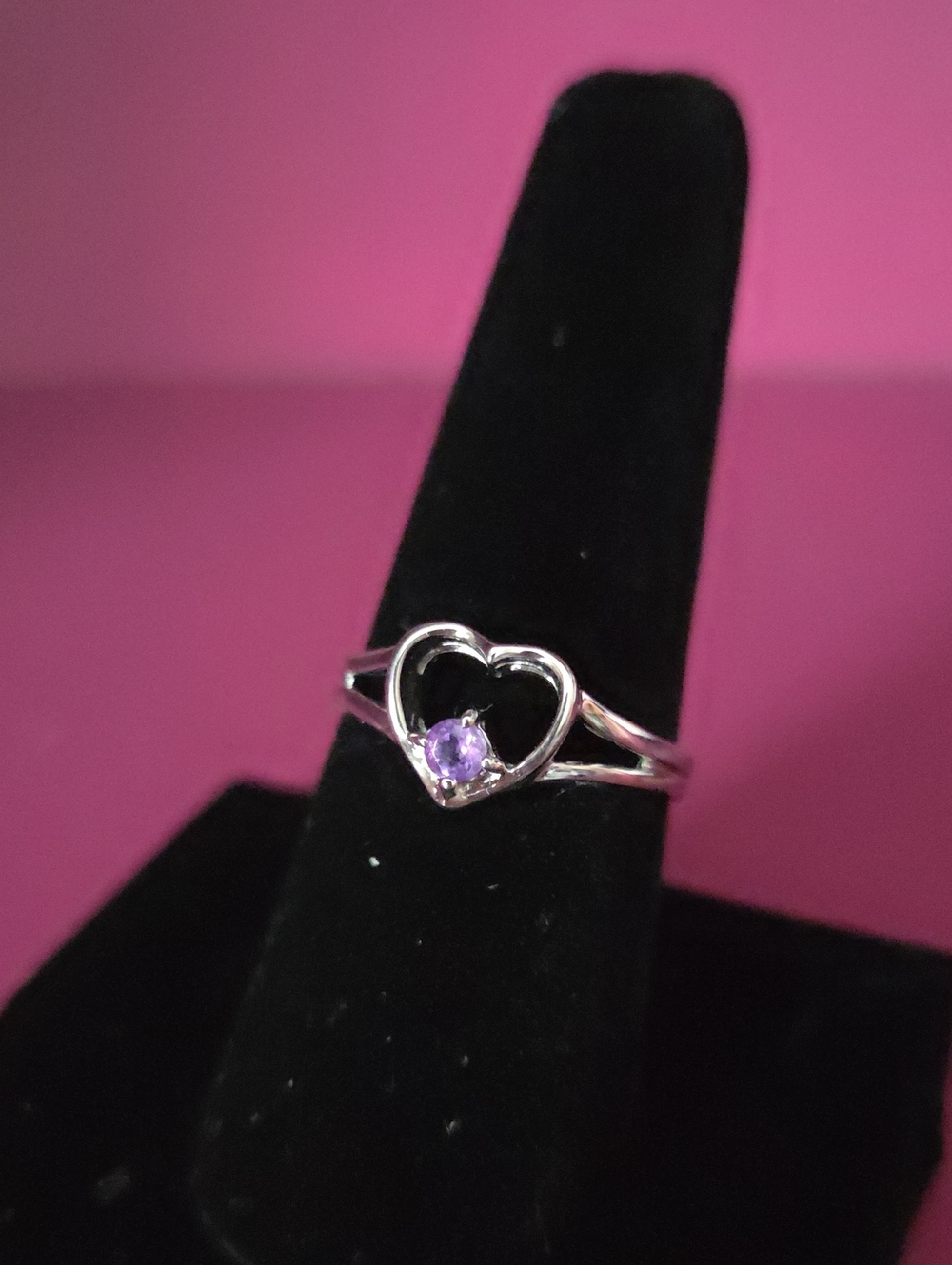 Sterling Silver Heart Ring with Purple Cz Size 8